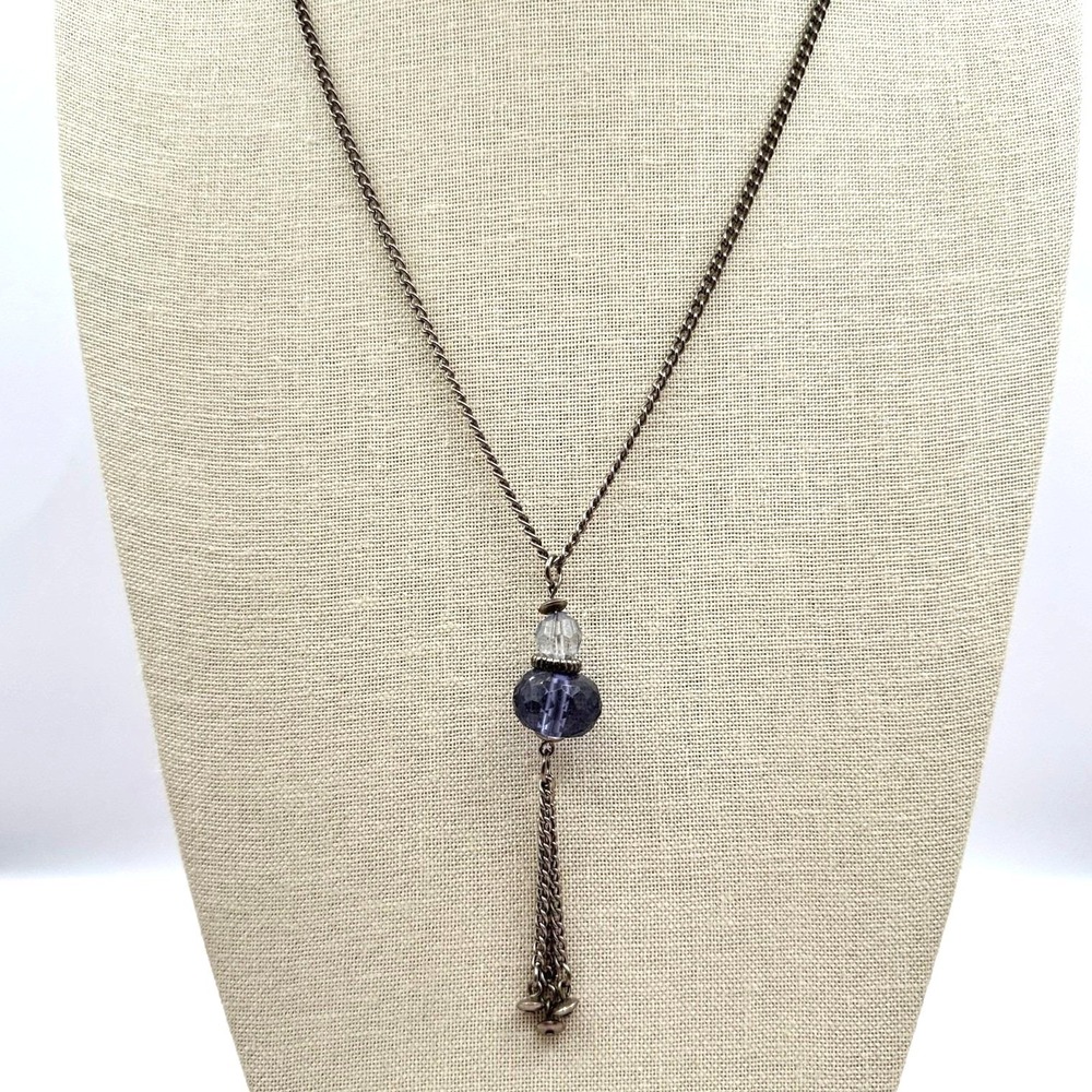 Vintage Gunmetal Tone Tassel Pendant Necklace Purple Glass Bead Curb Chain 90s
